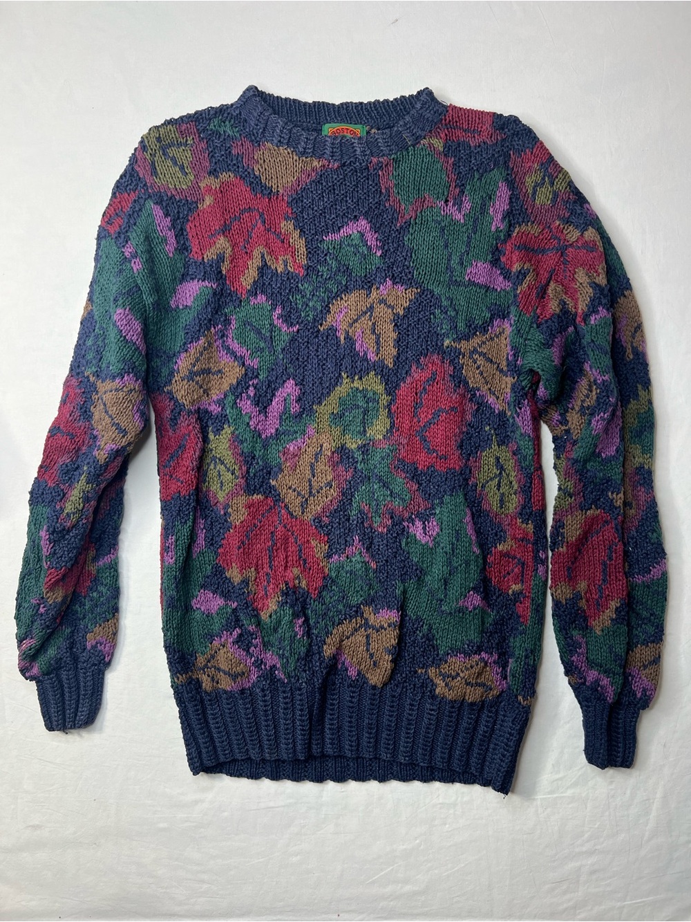 Vintage Boston Traders Navy Knit Sweater with Green, Red, Purple, and Tan Leaves